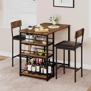 Counter Height 2-Person Dining Table Set with 3 Large Storage Shelves, Thick Wood Top, PU Cushion-Padded Bar Stools, Easy-Clean Waterproof Finish for Small Space Apartments, Studio Apartment Furniture, Apartment Stuff, Furniture For Apartment