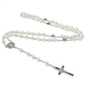 Holy Cross Religious Rosary Beads Necklace(L72 cm or 28.5 in), String of Pearls, 8mm Decade Beads, Rosary Bracelet, Holy Cross pendant, Daily Prayer, for Men, Women and Children（Handmade，Carving and Oil dripping Craftsmanship）
