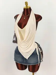 Amplova Y2K Draped Neck Blouse for Women, Double Layer Asymmetrical Ruched Top, Cream Party Outfit