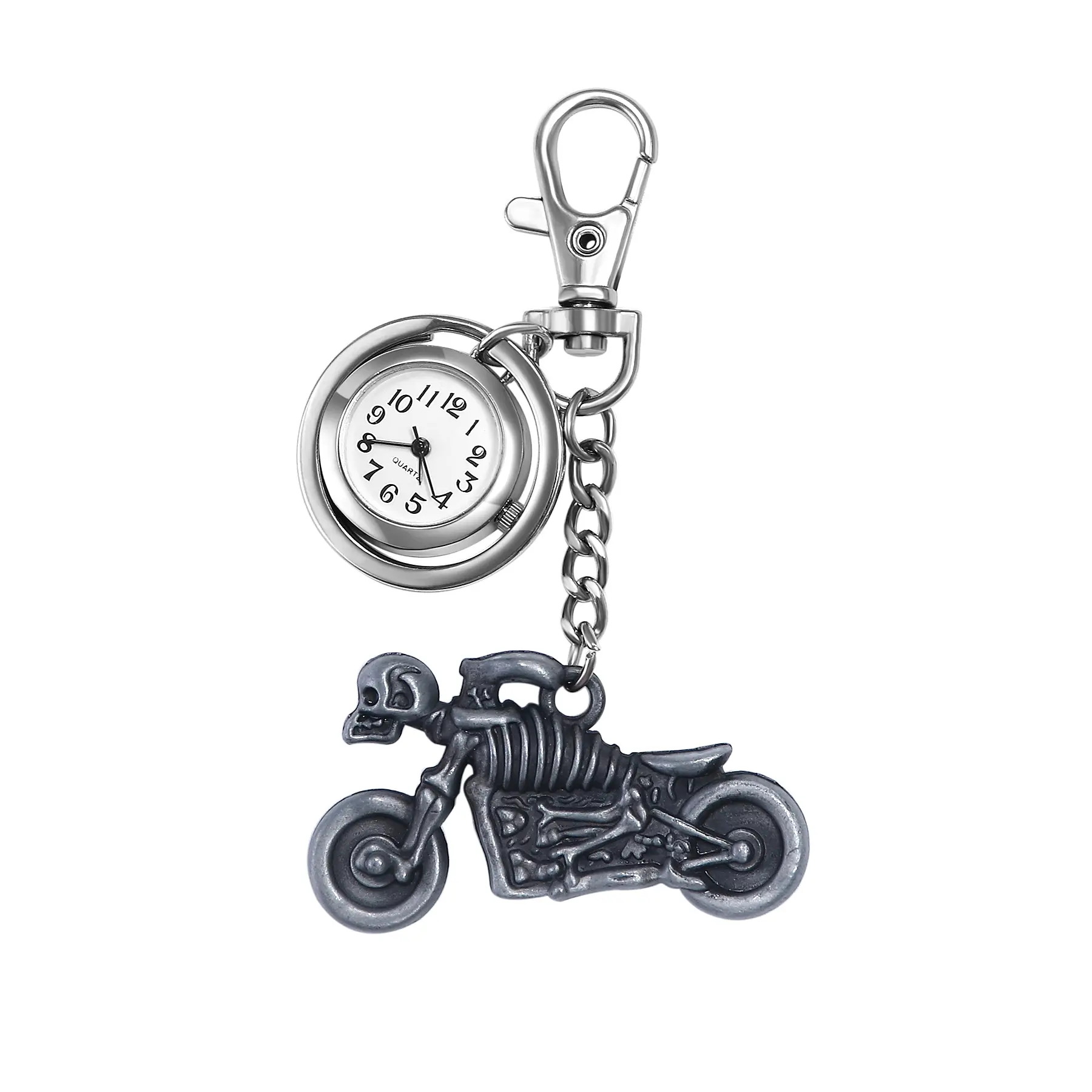 OIDEA Men's Vintage Skull Motorsport Pocket & Fob Watch - Silver-Toned Alloy Carabiner Clip, Quartz Movement, Biker Fashion Accessory, Motorsport Pocket & Fob Watches