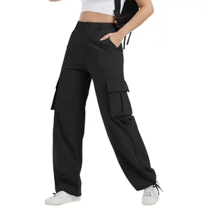 Avamo Women Cargo Pants Casual High Waisted Basic Y2k Style Streetwear with 6 Pockets Army Butttons Work Pants Adjustable Trouser Trousers Outdoorfun Wide Leg   Hip Hop Joggers  Matching