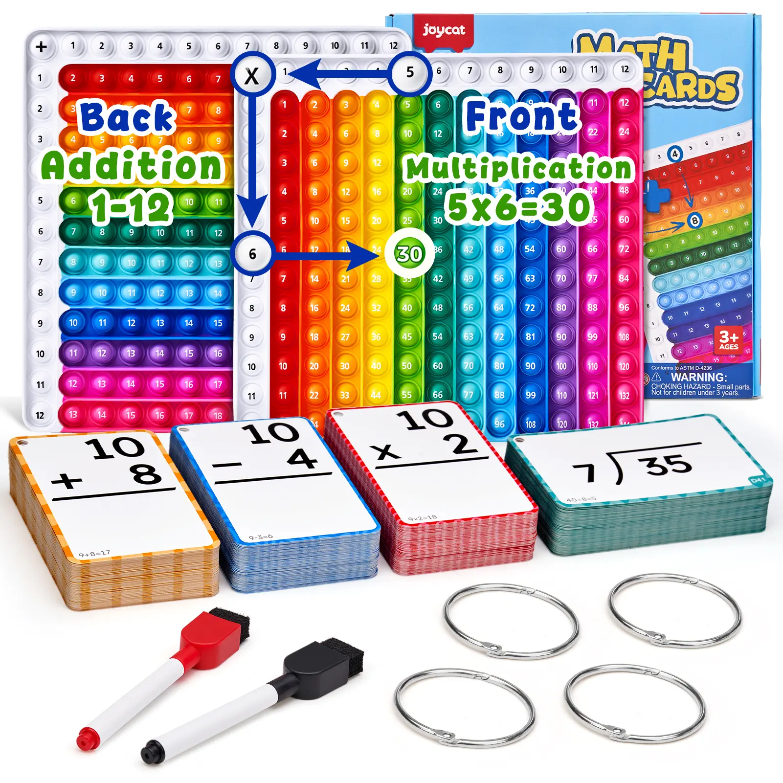JoyCat Math Flash Cards & 4-in-1 Double-Sided Pop Chart, Write & Wipe Cards, Addition Subtraction Multiplication & Division Math Manipulative for Kids Ages 4-8, Homeschool Classroom
