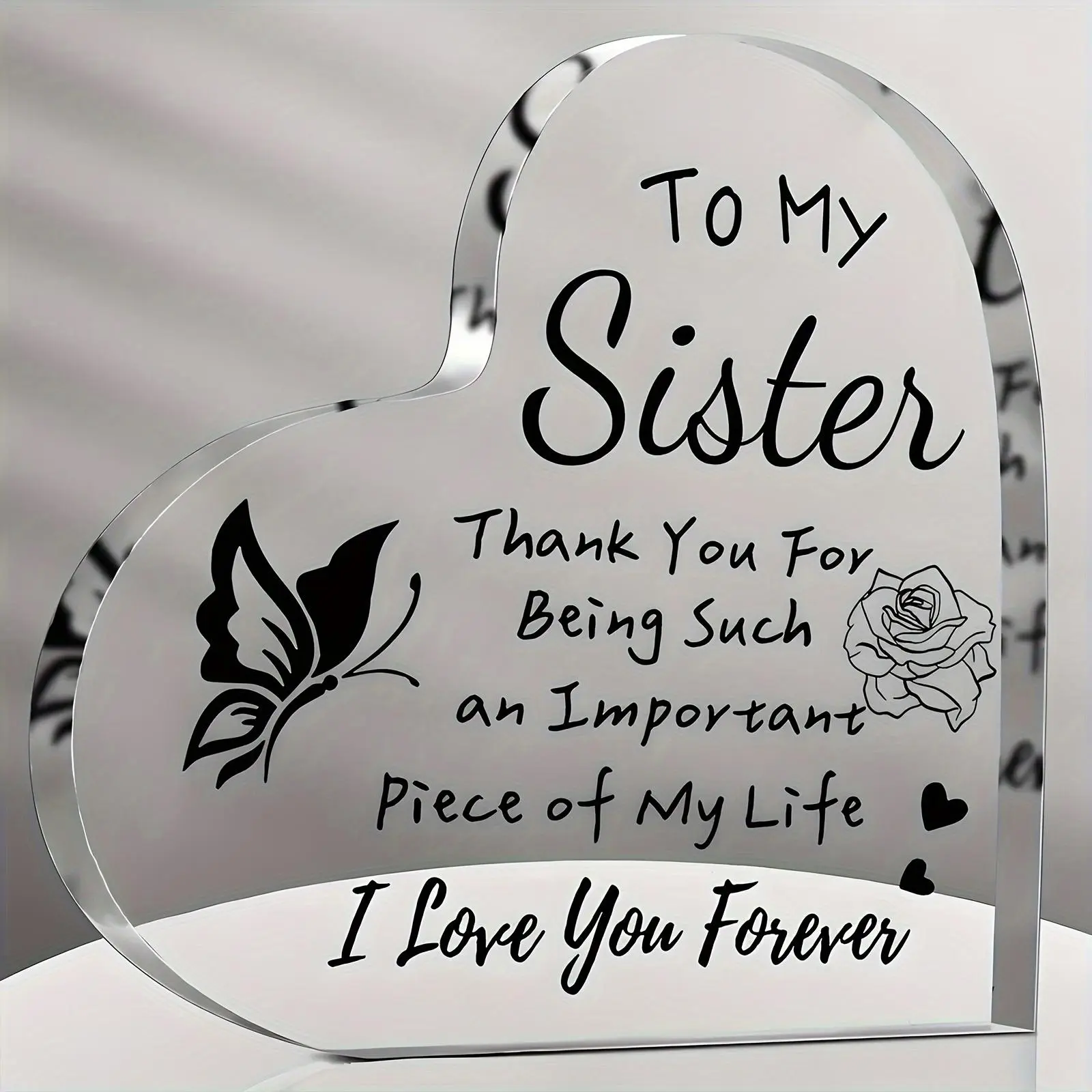 To My Sister Letter & Butterfly & Flower & Heart Pattern Acrylic Plaque Sign, 1 Count Creative Heart Shaped Plaque, Desk Decorative Ornament for Home and Office, Home Office Decoration, Acrylic Desktop Decoration, Gifts for Sister