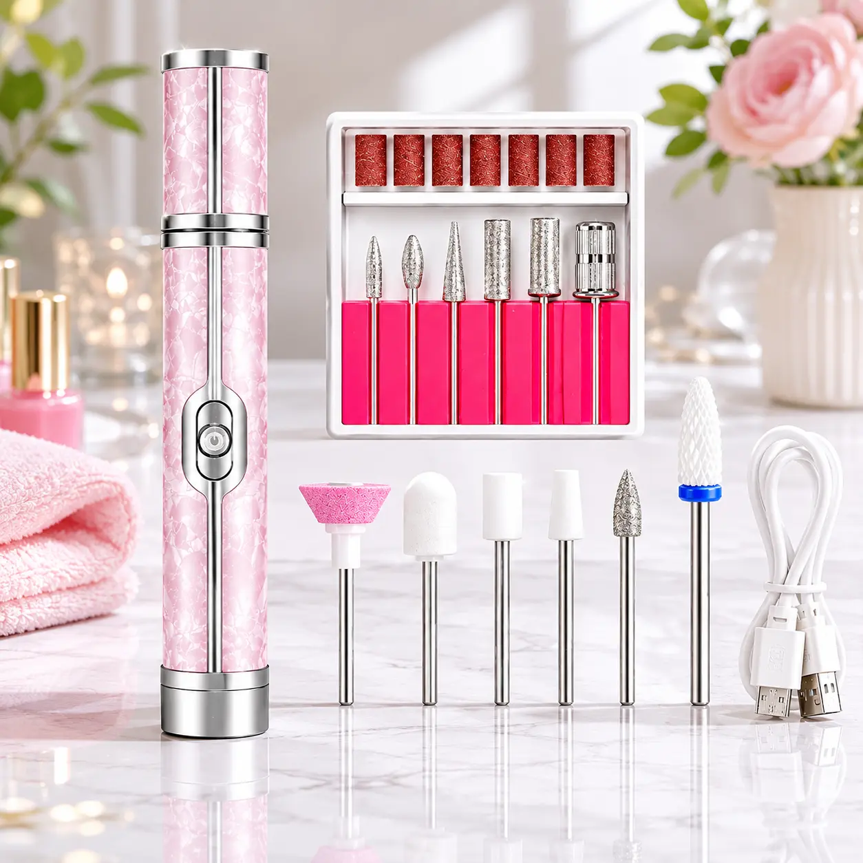 Rechargeable nail drill, portable electric nail file with polishing kit, suitable for manicures and , cordless electric nail grinder, lightweight nail care tool ideal for gel nails and use at home or in salons pedicure