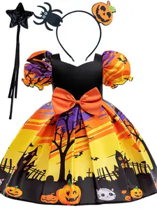 (Dress + all accessories)Girls' Role Play Dress Little Bat Pumpkin Print Princess Dress Halloween Party Costume