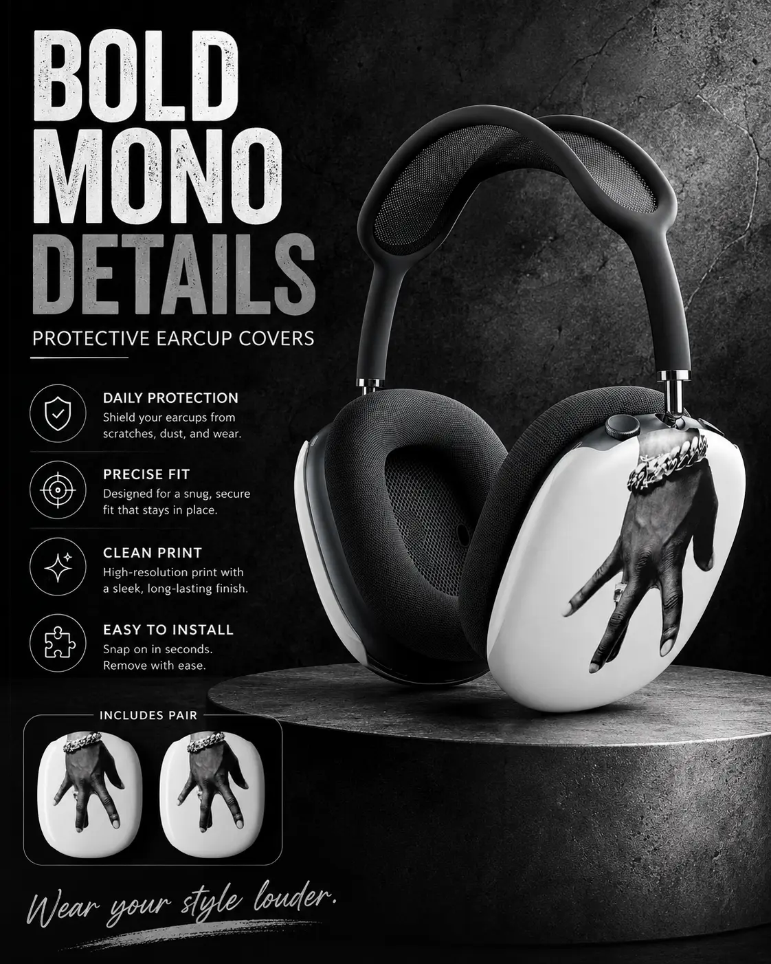 Plastic Over-Ear Headphone Ear Cup Covers, Black & White Hand Graphic Snap-On Protective Shells