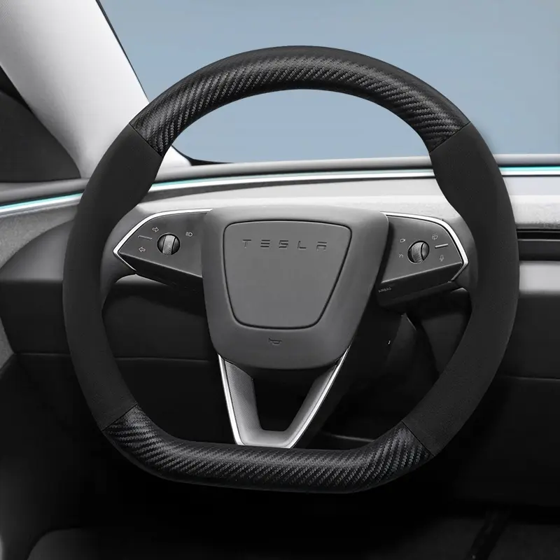 For Tesla Automotive Carbon Fiber Texture Leather Suede Steering Wheel Cover Accessories Ultra-thin anti-slip Breathable Protective Cover Steering Wheel Protector For Model S/Model 3/Model Y/Model X/Model Y L Black Wine Red Brown Mocha brown