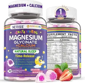 Neviss Magnesium Glycinate + Calcium Filled Gummies for Adults and Kids 4+, Kids Sleep Gummies Melatonin Free, Sugar Free Magnesium Supplement with B6 D3, L-Theanine for Zzz & Relax, Brain,Bone,Muscle