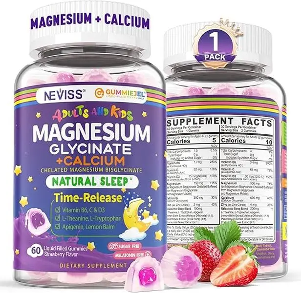 2 PACK Neviss Magnesium Glycinate + Calcium Filled Gummies for Adults and Kids 4+, Kids Sleep Gummies Melatonin Free, Sugar Free Magnesium Supplement with B6 D3, L-Theanine for Zzz & Relax, Brain,Bone,Muscle