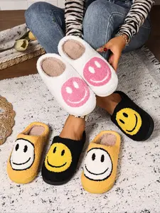 Smiley face decorated slippers, vintage and comfortable plush warm slip-ons, soft plush indoor home shoes with memory foam, suitable for both men and women, winter home cotton slippers