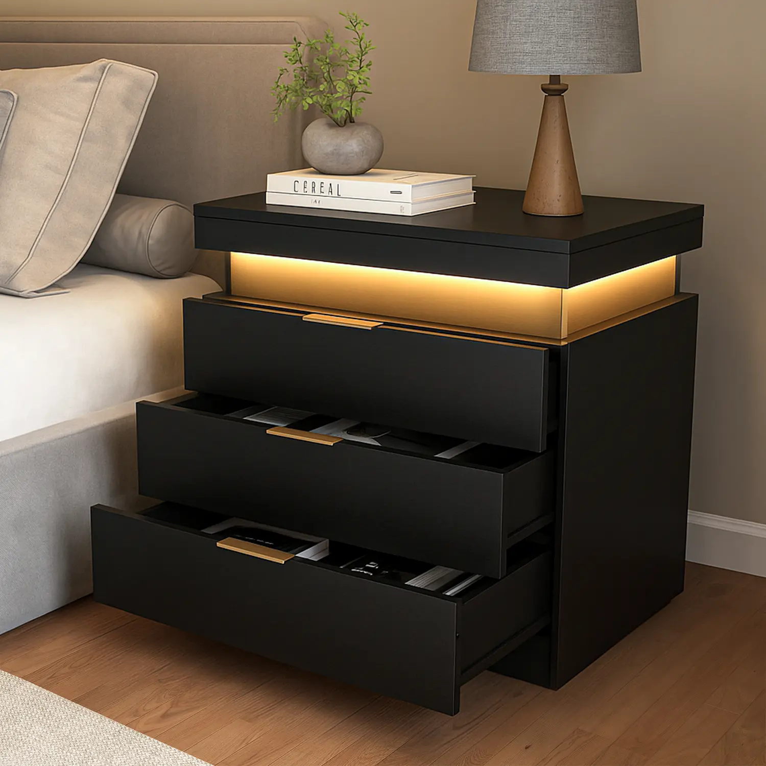 Modern Rectangular Nightstand with Pedestal Base, Sliding Top, Drawers, LED Lights, Charging Station with USB Ports, Easy Setup for Bedroom, Living Room