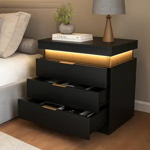 Modern Rectangular Nightstand with Pedestal Base, Sliding Top, Drawers, LED Lights, Charging Station, Charging Ports, USB Outlets, Easy Setup for Bedroom, Living Room