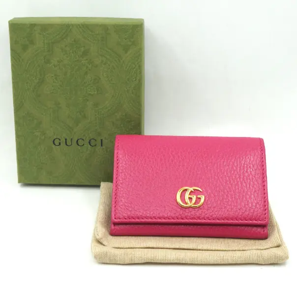 Pre-owned GUCCI Calfskin Small leather goods Hot Pink Pebbled Leather Interlocking GG Gold Plaque Tri Fold Short Wallet J8070225