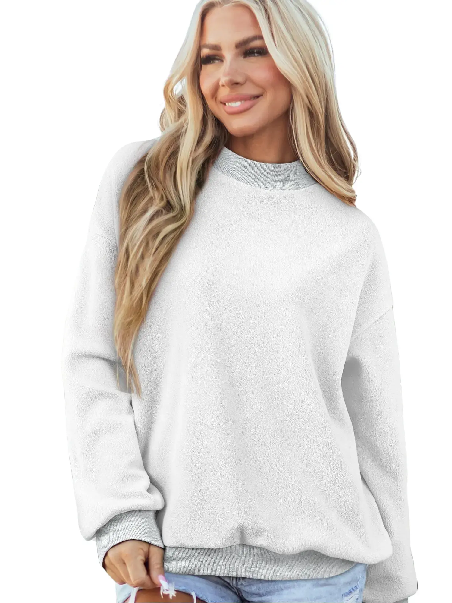 PHEFEE Women's Oversized Mock Neck Sweatshirt Drop Shoulder Long Sleeve Pullover Tops Reversible Casual Lounge Shirts