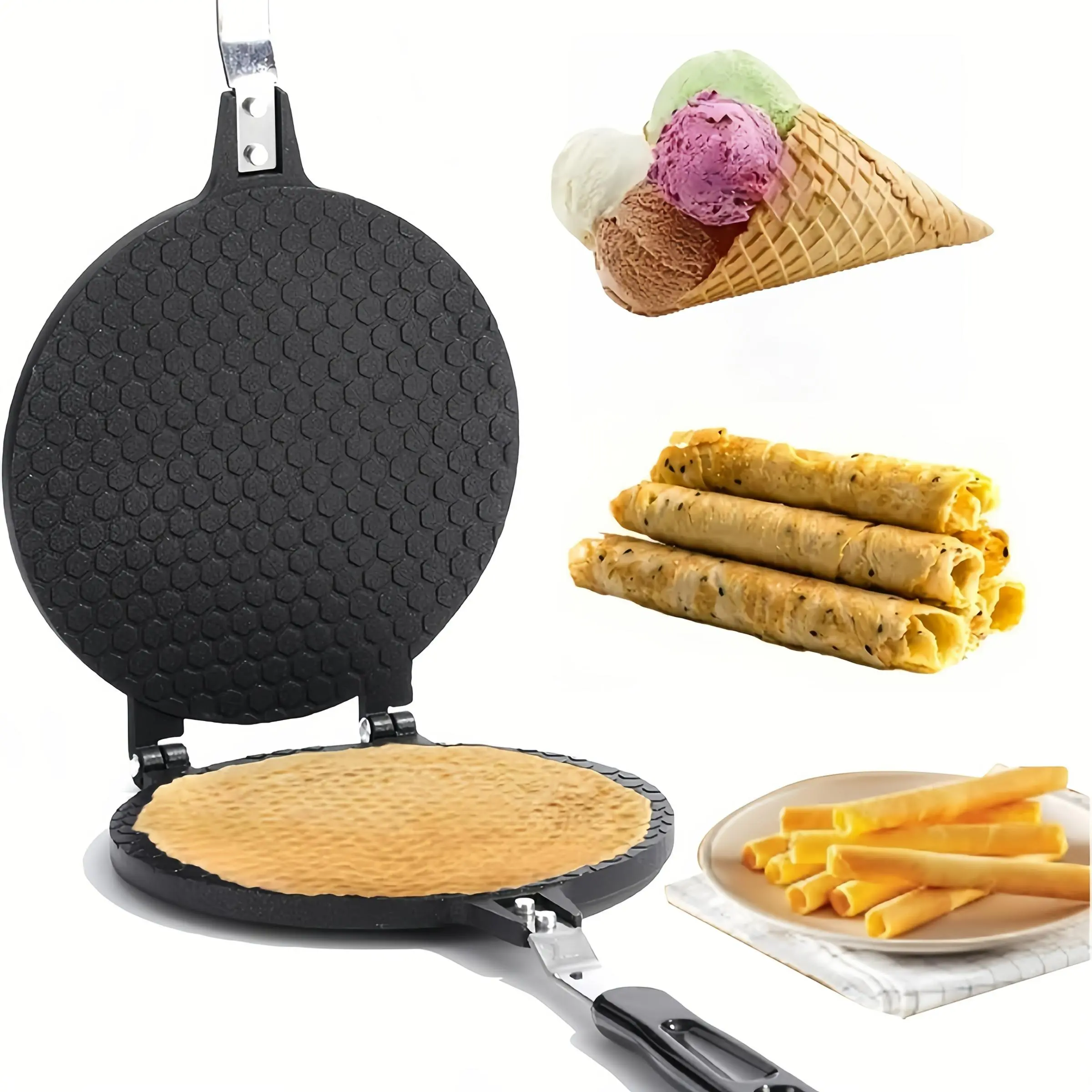 Luxurious Waffle Maker for Ice Cream Cones and Waffles, Easy Release Non-Stick Surface with Heat Resistant Handle, Handheld Baking Tool for Home Use, Nonstick Waffle Maker, Waffle Baker Machine, Wafer Maker