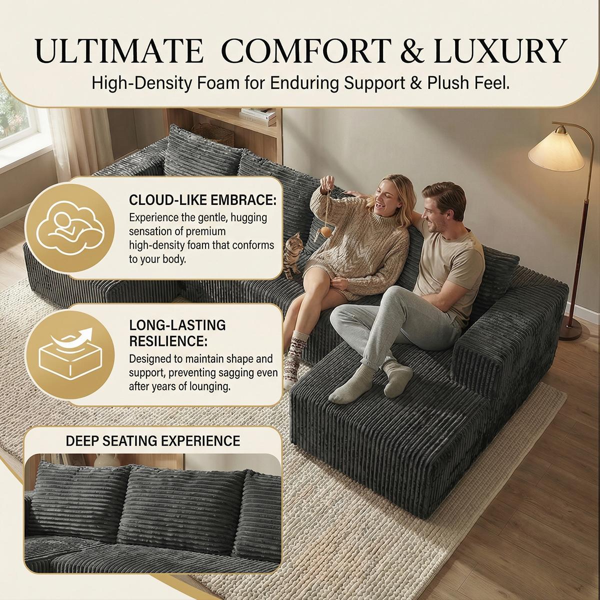 Oversized U-shaped boneless sofa with modular design for free combination, providing a deep sense of coverage and comfortable cloud corduroy fabric; Modern minimalism, no need for assembly; Suitable for living rooms, bedrooms, and other occasions