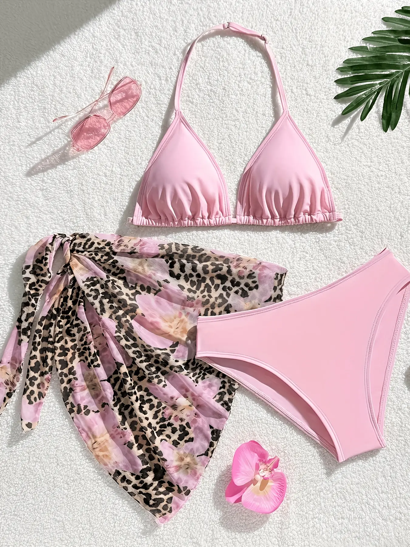 Local Teenager'S Swimsuit And Girls' Three-In-One Pink Bikini Set, Including a Hanging Neck Triangle Bikini And a Floral Leopard Print Cover, Quick-Drying Swimsuit, Suitable for Beaches, Swimming Pools, And Cruise Ships, For Teenager