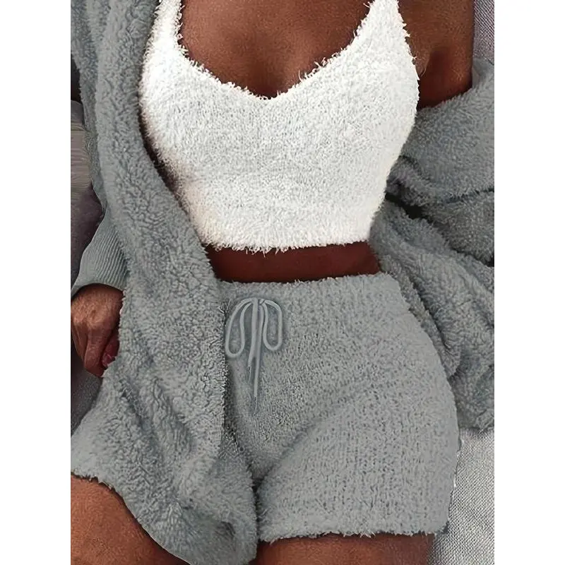 Women's Solid Color Plush Three-piece Pyjama Set, Fluffy Pajamas, Casual Comfy V Neck Top & Hooded Coat & Tie Front Shorts Loungewear Set, Pajama Sets Women, Women's Sleepwear Winter, Fluffy Pajamas, Cute Pajama Sets, Sleep Sets, Womenswear, Pjs