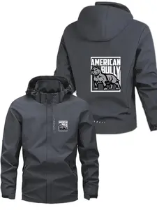 Men's Fashion Jacket with Americanbully Logo, Stylish Zipper Pockets, Casual Hooded Design, Polyester Material, Spring & Fall Wear