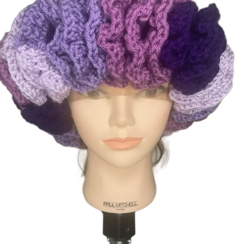 Purple Rayne Ruffle Hat Handcrafted Knit Cap with Vibrant Purple and Lavender Shades for Stylish Headwear Women's Fashion Accessory