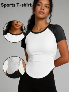 Women's Raglan Sleeve Sportswear Top, Side Ruched Curved Hem Short Fitness T-Shirt, Ideal for Yoga, Gym, Running, Fall & Winter