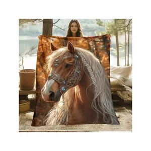 1pc Elegant Brown Horse Printed Blanket - Soft Flannel, All-Season Comfort Car, Home, Travel & Camping| Stylish Mixed Colors, Horse Lovers, Horse Blanket, Camping Bedding, Decorative Bedspread,