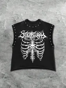 Men's Casual Vest, Sleeveless Tank Top, Sleeveless Shirt, Breathable Skin-Friendly Fabric, Skeleton Print with Rivet Decor, Dark Style, Perfect for Daily Wear & Skateboarding
