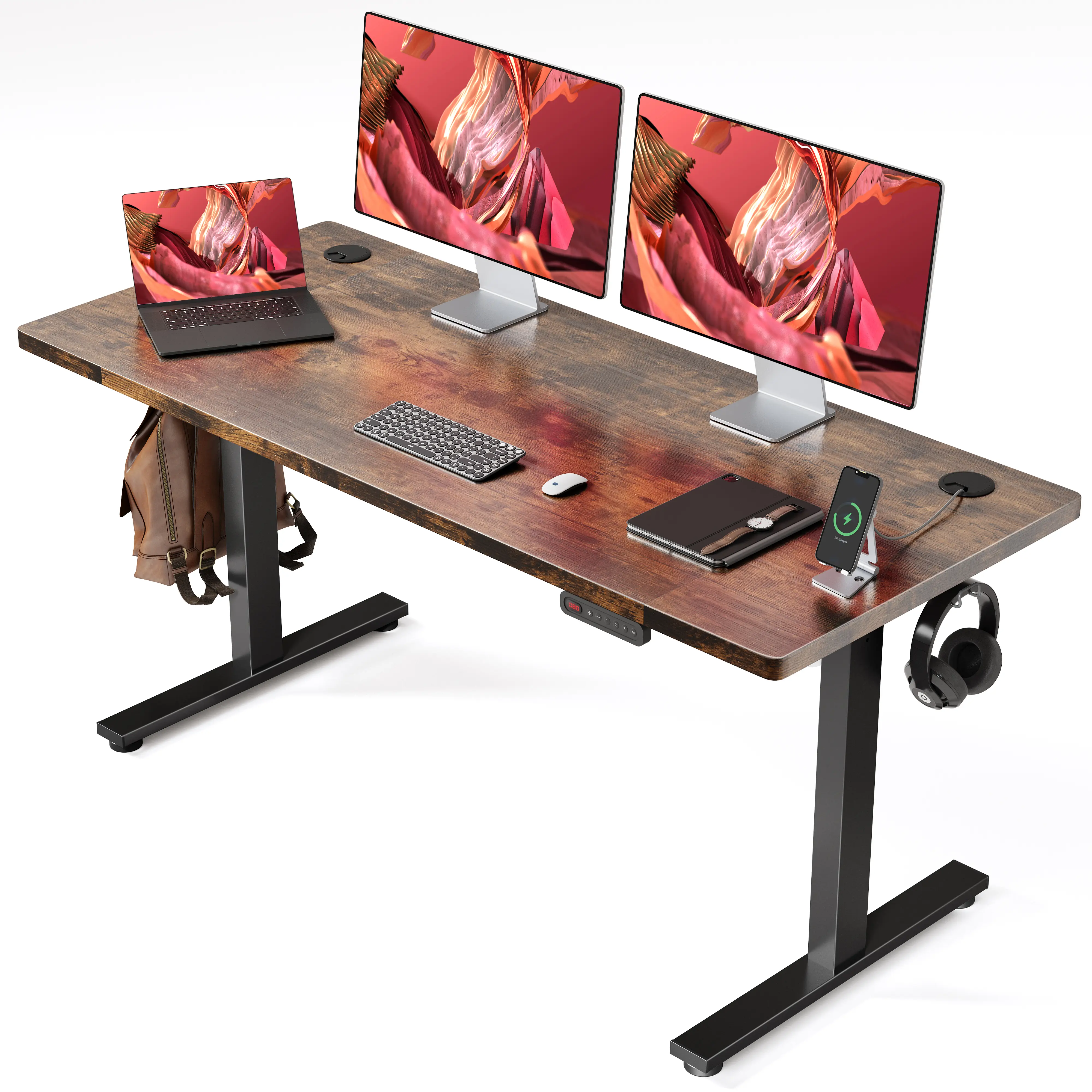 63" Height Adjustable Electric Standing Desk with Memory Keys - Large Ergonomic Sit Stand Gaming Desk for Home Office, Rustic Brown Commercial Office Furniture Workstation, Height Adjustable Desk