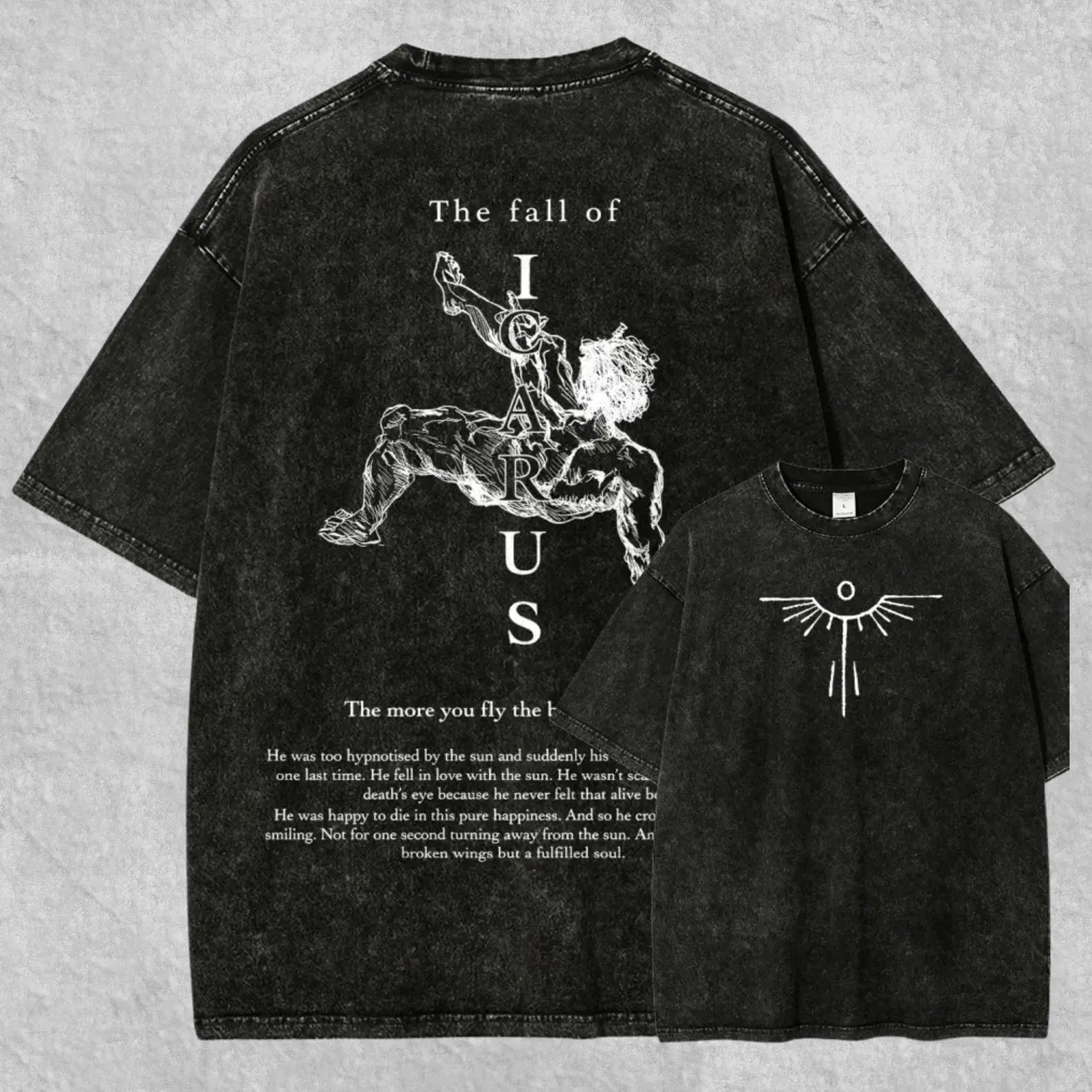 Men's Icarus Washed Tshirt - The Fall of Icarus Graphic Top, Unisex Baggy Loose-Fitting Vintage Wash Shirt, Greek Mythology Streetwear, Dark Academia Floral Art Tee, Short Sleeve, Two-Side Art sohochic