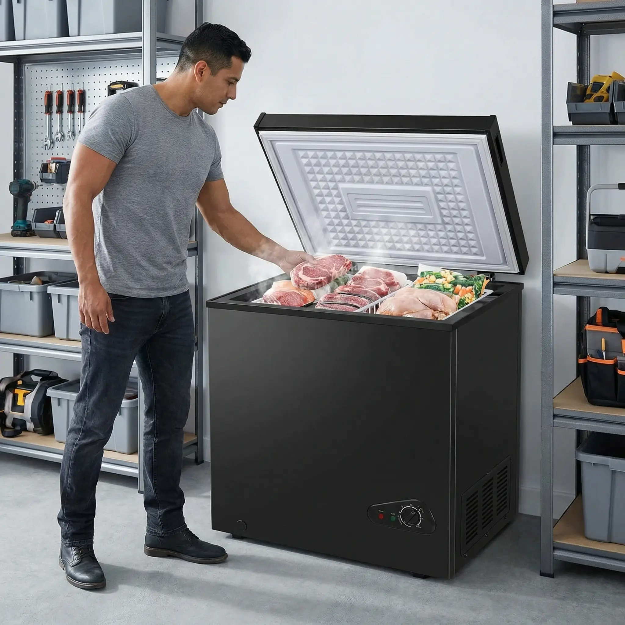 5.0 cu ft Black Chest Deep Freezer - Household Large Appliance with Removable Basket, 6-Level Temperature Control, Quiet Portable Unit for Home Kitchen, Garage Fridge for Studio Apartments