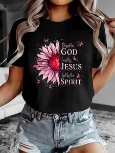 Blessed By God - Loved By Jesus Pink Sunflower T-Shirt Print T-Shirt Casual Crew Neck Short Sleeve Comfort Tee Top For Spring & Summer Women's Clothing