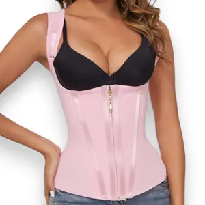 FitnFem Women's Pink Solid Color Shapewear Waist Trainer with Shoulder Straps, Adjustable Hook & Eye Closure Zipper, Fajas Colombianas Girdles with Row Buckle Postpartum Tummy Control High Waist Corset Snug Fit Stretch Lace Up Colorblock