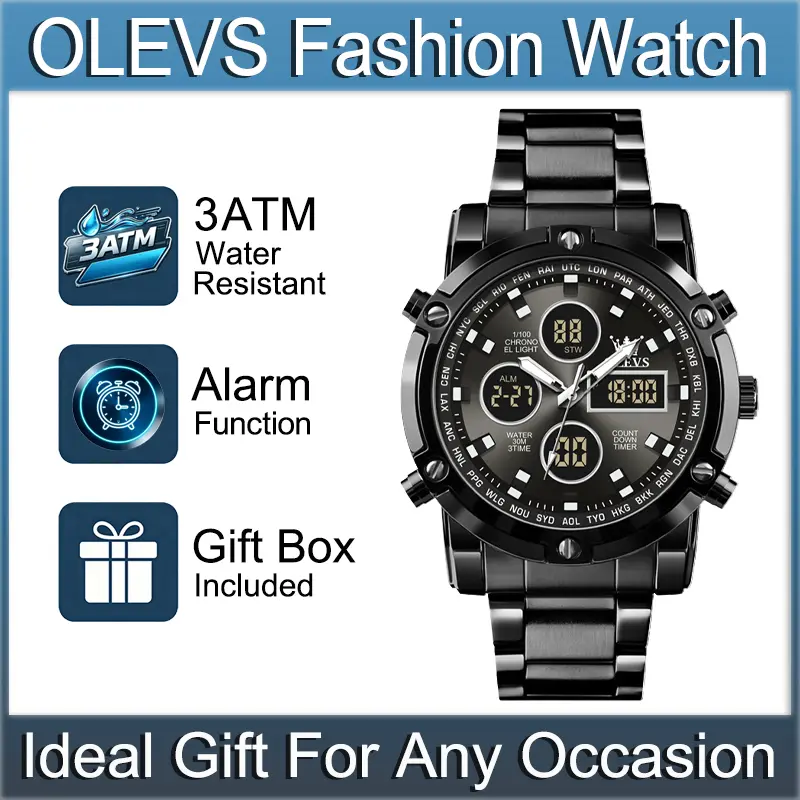 OLEVS Men's Modern Sport Wristwatch in Black Stainless Steel, 48mm Large Dial with Dual Display, Chronograph, Alarm, and Luminous LED Backlight, Sport Use, Steel Band, Male Wear, Alarm Clock