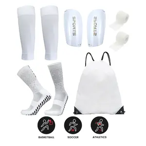 5-Piece Football Socks Set Outdoor Sports Fitness Training Kit, Anti-Slip Athletic Grip Sock Soccer Basketball Player Socks, Shin Guards, Backpack, Straps