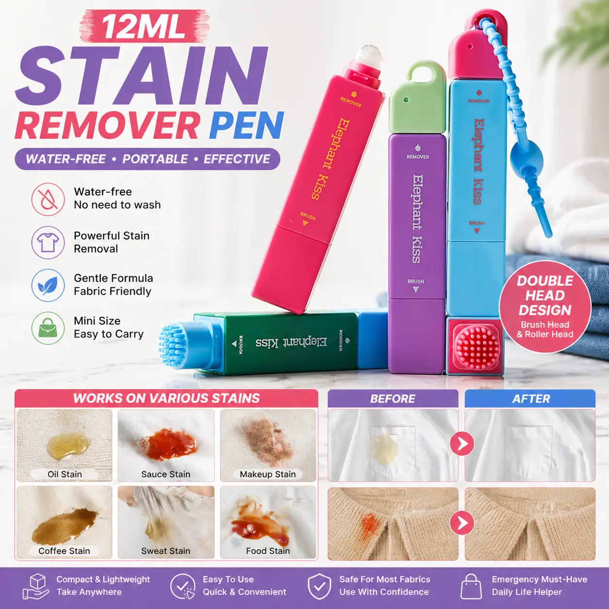 12ml Stain Remover Pen Water-free with Brush Head Oil Remover Stick Portable Double Head Design Emergency Stain Remover Shopping