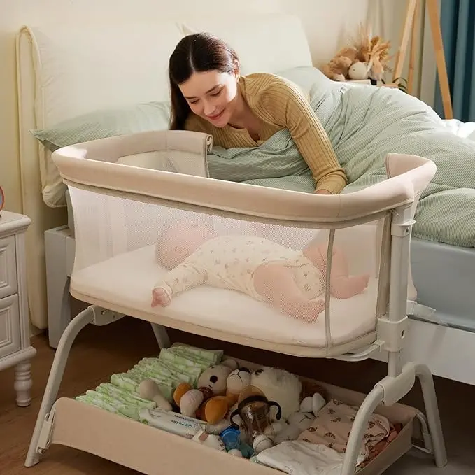 HARPPA Baby Bassinet 2-in-1 Cuddly Lite &Bedside Sleeper, storage Bassinet for Baby with Wheels & Storage Basket, Portable Crib, Breathable Mesh and Mattress, Height Adjustable, mothersdaygift, Baby Furniture, Newborn Baby