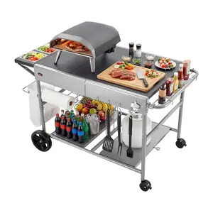 VEVOR Outdoor Grill Cart, 36.4x 23.4x 1 inch Tabletop Size Grilling Table, Movable Outdoor Cooking Table with 4 Spice Containers, Wheels, Lids, Hooks, BBQ Prep Tables for Picnic, Kitchen, Courtyard
