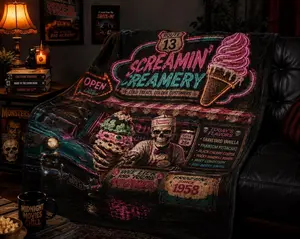 Funny blanket Route 13 Screamin' Creamery Minky Blanket | Retro Neon Horror Throw Blanket, Christmas Blanket,Christmas Gift The best Gifts For Home Party Holiday Decor Christmas and Halloween and Birthday