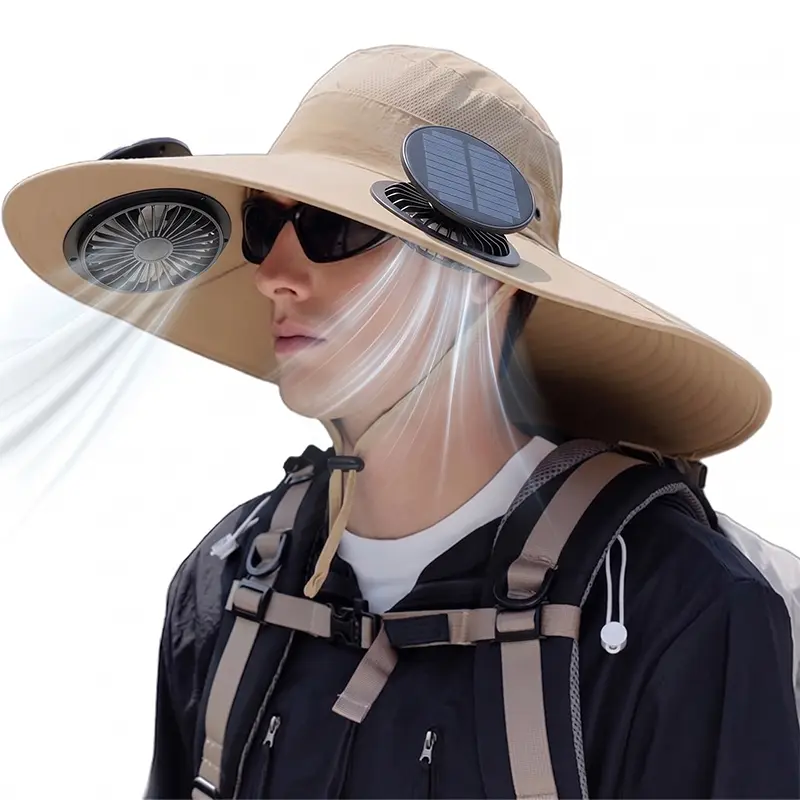Dual-fan outdoor cooling hat, breathable wide-brimmed fisherman's hat with adjustable chin strap, strong airflow, and long battery life. Suitable for activities such as fishing, camping, hiking, and gardening ,fan hat