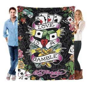 Ed Hardy "Love Is A Gamble" Tattoo Fleece Blanket, Vintage Rose Dice Poker Soft Flannel Throw Blanket for Couch Bed, Cozy Warm Plush Blanket Gift for Ed Hardy Fans