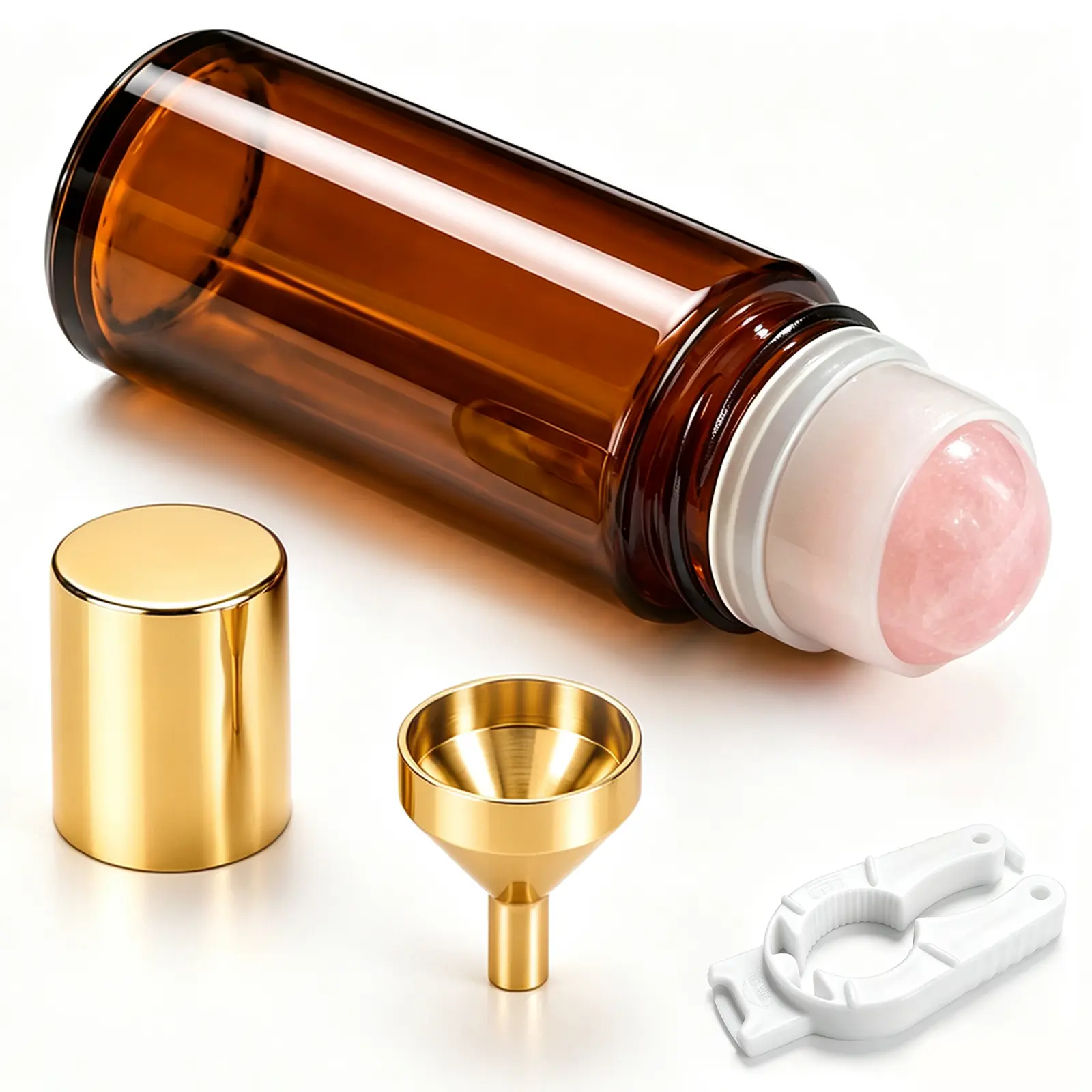 Rose Quartz Roller Bottle, 50ml Amber Glass Roll On Bottle with Crystal Roller Ball, Refillable Roller Ball Applicator for Essential Oils, Perfume, Serums and Castor Oil, Gold Cap Funnel Opener