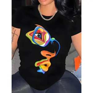 Spring/Summer women's clothing, abstract art face print T-shirt, casual crew-neck short-sleeved top Black Womenswear Streetwear Tshirt Suit Cotton