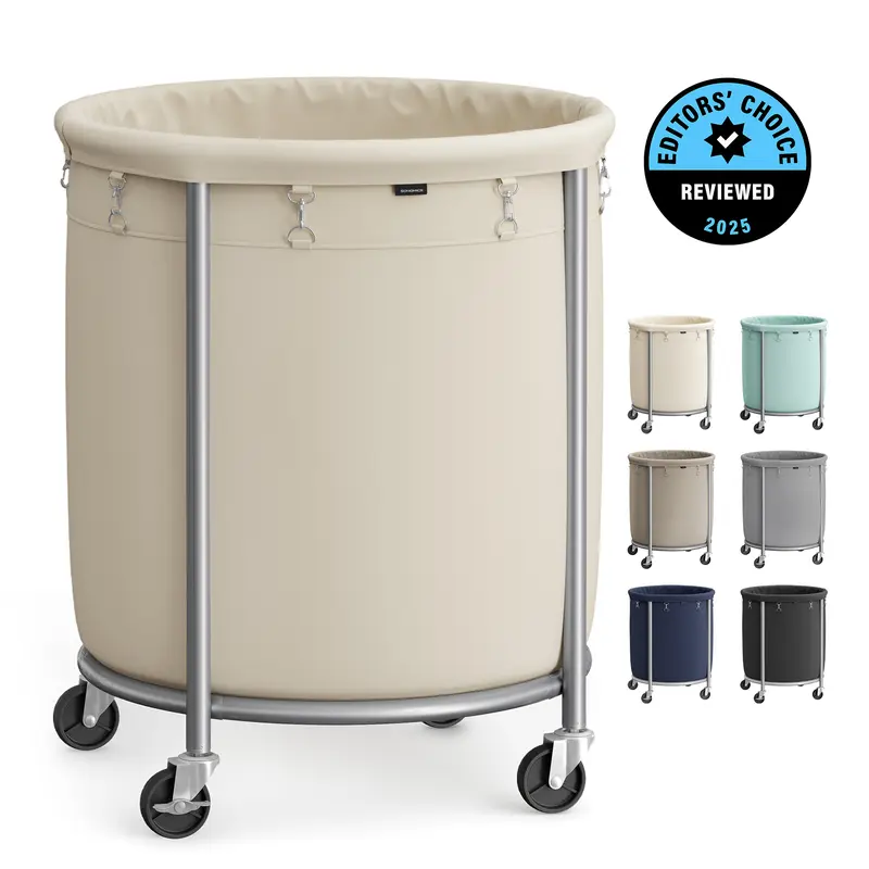 SONGMICS Laundry Basket with Wheels, Rolling Laundry Hamper, Round Laundry Cart with Steel Frame and Removable Bag ,Organiser