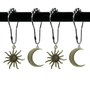 Moon & Sun Design Shower Curtain Hook, 12pcs/set Iron Shower Curtain Hook, Decorative Shower Curtain Hook, Bathroom Accessories, Bathroom Supplies for Home Bathroom, Restroom Bathroom Accessories, Bathroom Decoration Accessories