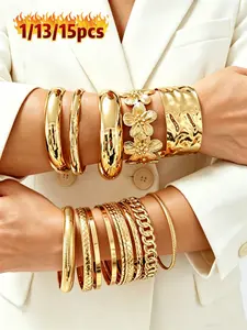 Stackable Metal Cuff Bracelets Set, Vintage Floral & Geometric Design, Perfect for Parties & Dates, Trendy Jewelry Accessories, Exquisite Bracelet