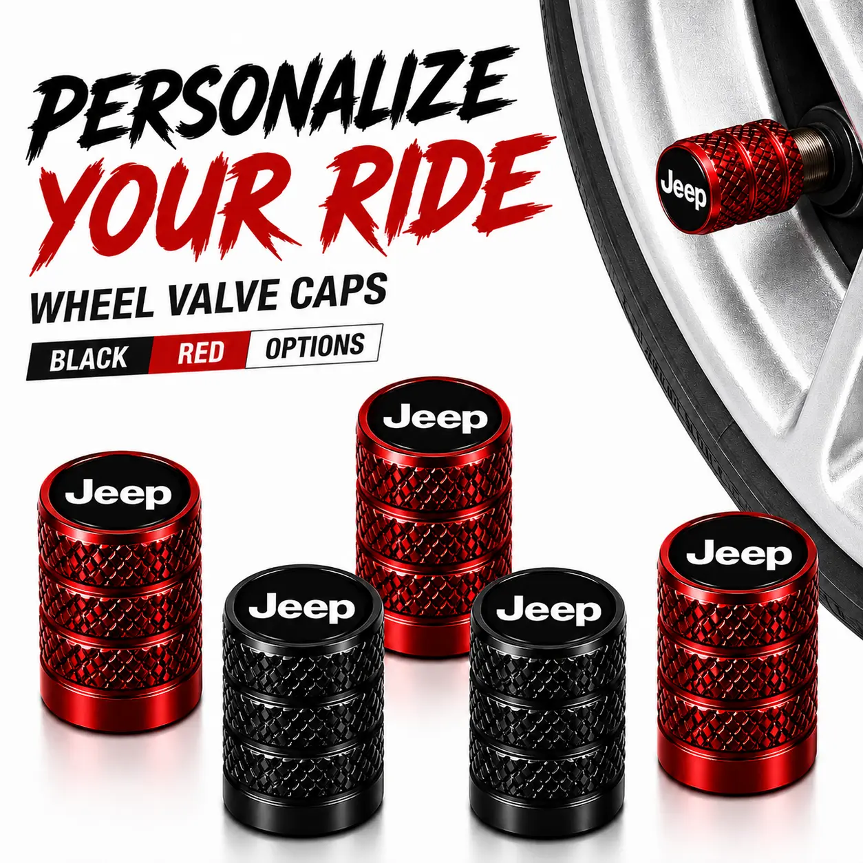 Jeep Logo Knurled Metal Valve Caps, Rubber O-Ring Leakproof Anti-Corrosion Dustproof TPMS-Safe Easy-Install for Wrangler Off-Road SUV, Universal Schrader Valve Wheel Decor