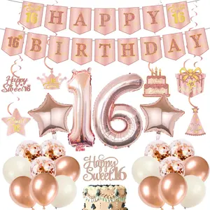 16th Birthday Decorations Balloons Girls - 29 Pcs Rose Gold Sweet 16 Decor Happy Birthday Banner Balloons Swirls Cake Toppers Table Decor For 16 Year Old Party Supplies