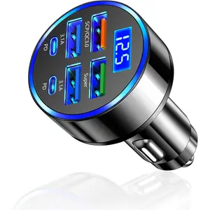 6 Port Fast USB Car Charger (PD+QC3.0),Cigarette Lighter USB Charger with LED Digital Display,Universal Car Charger Adapter Car Accessories Interior for Most 12V/24V Vehicles