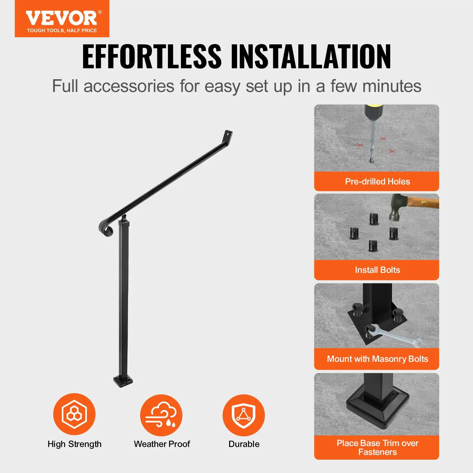 【Summerfinds】VEVOR Handrails for Outdoor Steps 2-3 Step Railings Wrought Iron Handrail Stair Railings for Steps Black Iron Railings for Steps Wall and Floor Mounted with Installation Kit