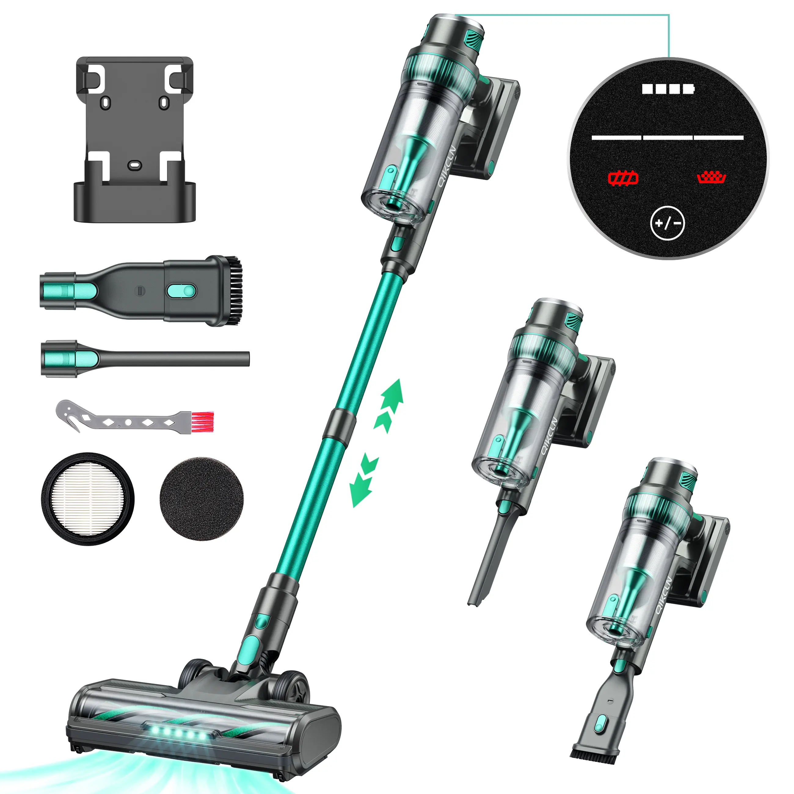 Qikcln QC-VC03 Cordless Stick Vacuum Cleaner with Charging Dock - 250W, 30 kPa Powerful Suction, 300Airwatts, Multi Mode, 40-Min Runtime, Smart LED Display, Deep Clean for Pet Hair, Hard Floors